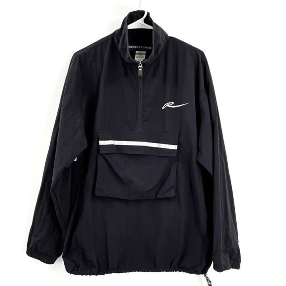 Roots Canada Athletics Windbreaker 1/4 Zip Pullover S Black Front Pocket Reflect